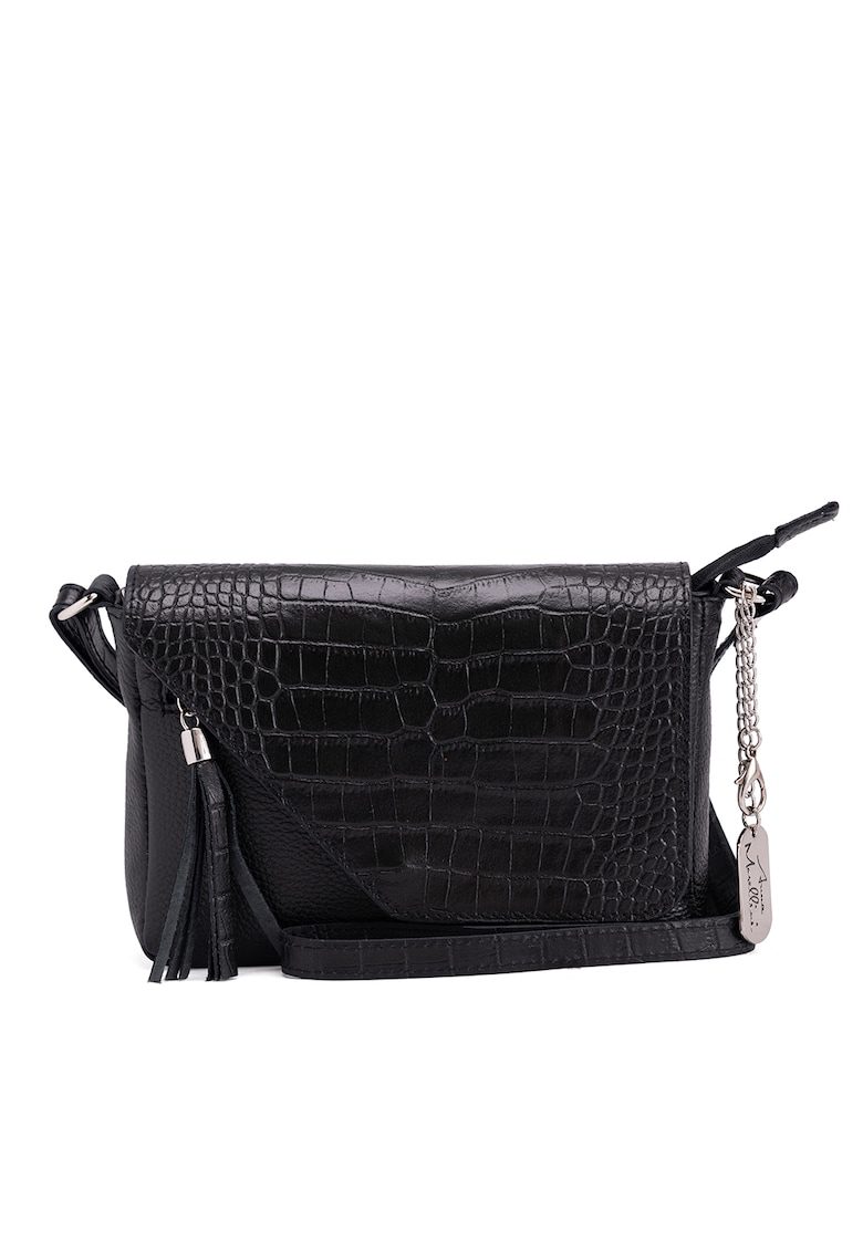 Geanta crossbody piele naturala negru aspect crocodil cu capse magnetice
