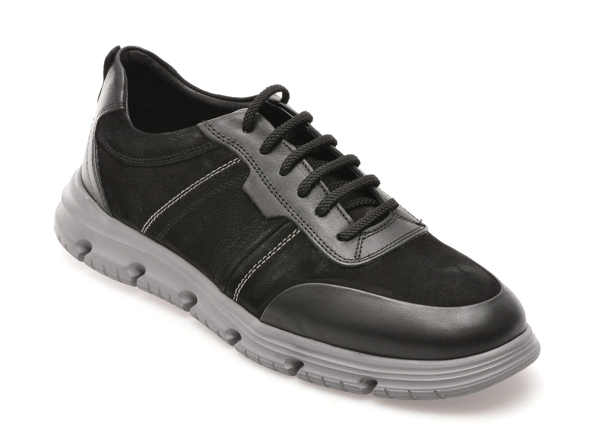 Pantofi barbati Otter negri din piele naturala cu sireturi si talpa cauciuc