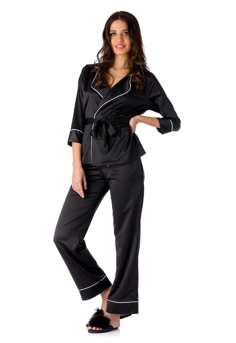 Pijama eleganta din satin Iris negru cu maneca trei sferturi si revere decupate