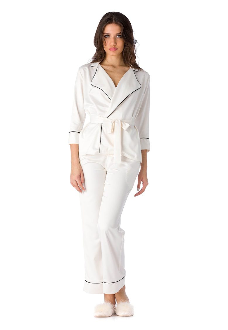 Pijama Satin Iris Alb Maneca 3/4 Guler Decupat Poliester-Elastan