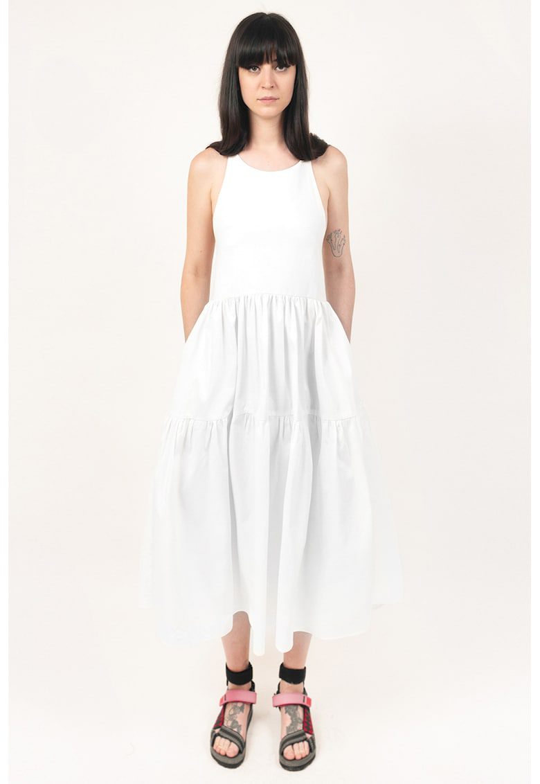 Rochie midi casual din bumbac evazata cu decolteu rotund la spate