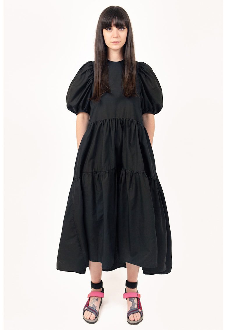Rochie midi casual din viscosa negru cu decupaj spate si buzunare laterale