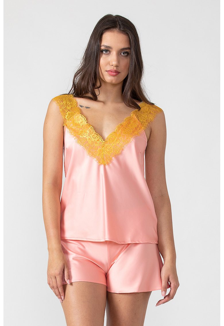 Set pijama scurt roz-galben din poliester sustenabil cu decolteu V si dantela