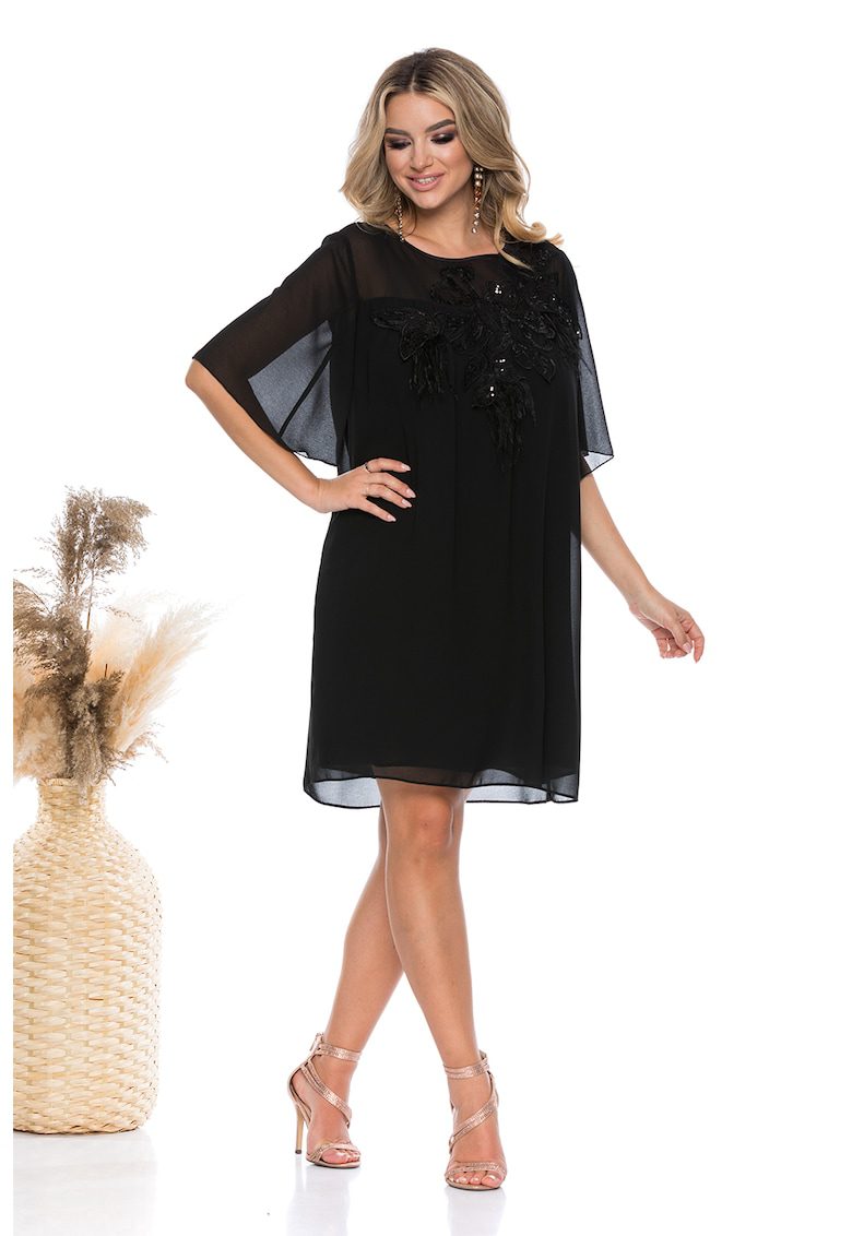 Rochie vaporoasa scurta poliester negru cu aplicatii florale-paiete