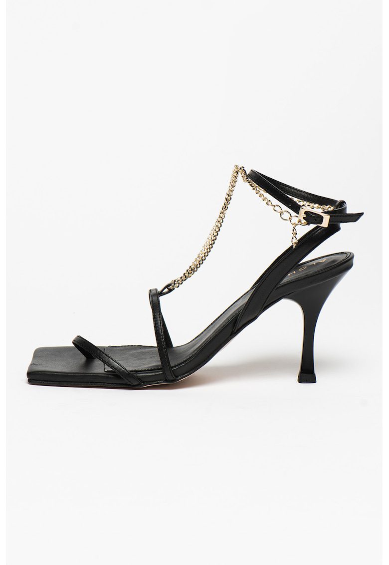 Sandale piele naturala toc clasic auriu-negru barete lanturi varf patrat