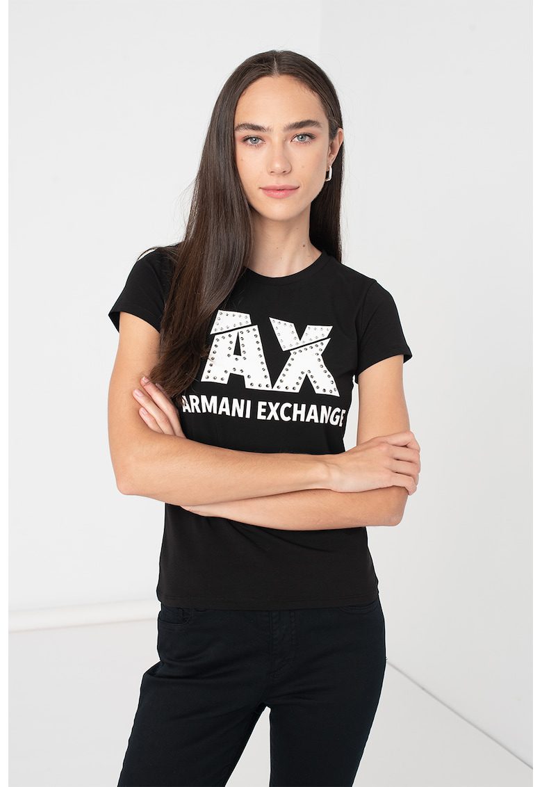 Tricou slim fit alb-negru cu logo strasuri si decolteu baza gatului